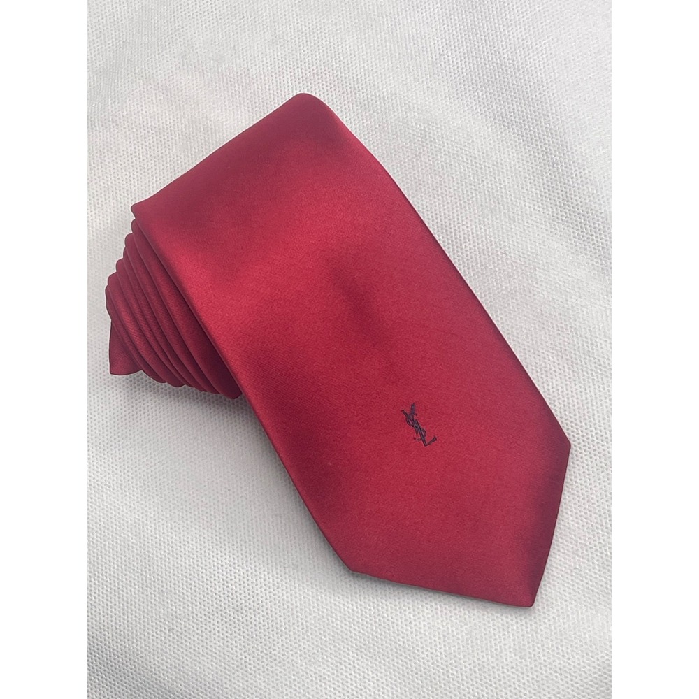 Vintage Yves Saint Laurent YSL Monogram Skinny Tie Red Silk Blend 3.25" Necktie
